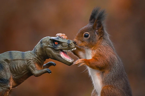 Фотограф Ники Колемонт запечатлел белок, играющих с динозаврами